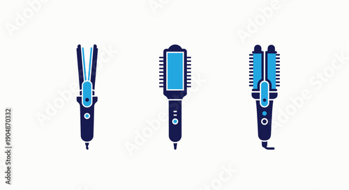 Hair Styling Tools Icons: Flat Iron, Round Brush, and Heated Styling Brush for Haircare and Beauty Salons