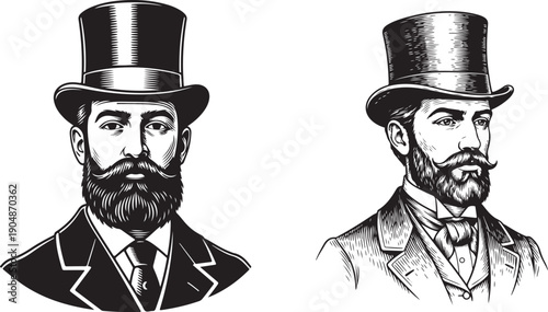 Victorian Gentleman Portrait Illustration – Vintage Bearded Man in Top Hat. Engraved Portrait of a Victorian Gentleman with Top Hat and Bow Tie