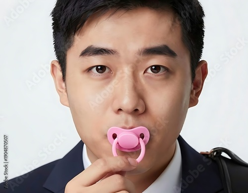 Close-up portrait of an Asian businessman looking directly at the camera with a pink pacifier in his mouth. A striking and absurd image contrasting professional attire with infant accessories.