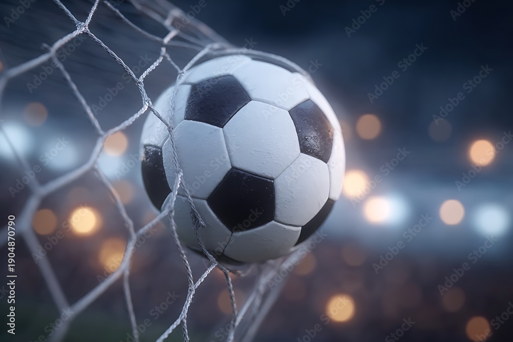 Fototapeta premium Soccer Ball in Goal Net Closeup.