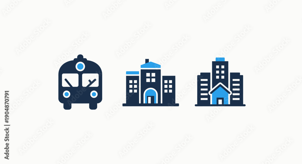 Obraz premium City icons: front view of a train, modern buildings, and residential apartment blocks for urban and transport themes.
