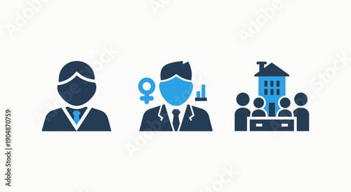 Business icons: businessman silhouette, professional with gender symbol and chart, and a meeting group by a building.