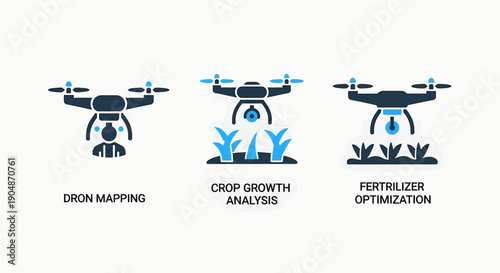 Agricultural drone icons for mapping, crop analysis, and fertilizer optimization in modern blue and dark design.