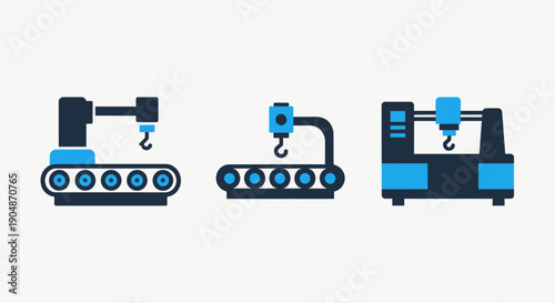 Industrial automation icons: robotic arm on conveyor belt and automated machinery for manufacturing and logistics.