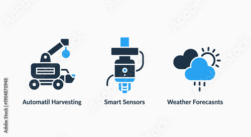 Icons for agricultural automation, smart sensors, and weather forecasts in blue and dark navy