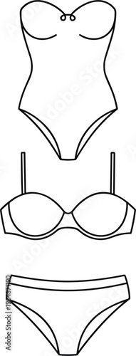 Women lingerie icon set with bodysuit bra and panties underwear outline vector collection for fashion design