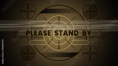 Please Stand by screen with glitch retro tv style message, perfect for video content during brief pauses or technical difficulties in productions.