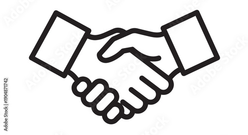 Simple black outline icon depicting a firm handshake symbolizing agreement partnership or a successful business deal