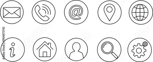 Black and white contact and interface icon set featuring email phone location search user and settings symbols, web communication elements, minimalist outline vector illustration collection