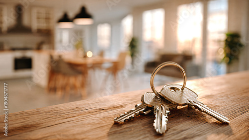 Trousseau de clés posée sur une table en bois avec appartement en arrière plan