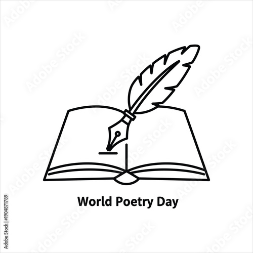 Outline illustration of an open book with a quill pen writing on it, celebrating World Poetry Day and the art of writing.
