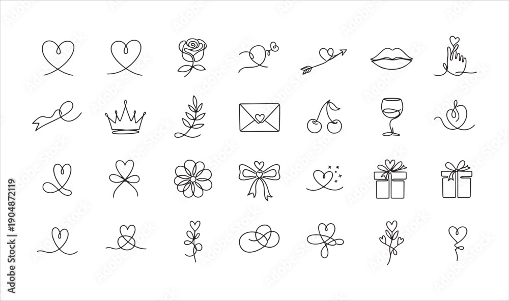Fototapeta premium Premium Continuous Line Art Icons - 28 Minimalist Romantic Sketches, Finger Heart, Rose Floral Doodles for Wedding Branding, Modern Tattoos, and Elegant Graphic Assets