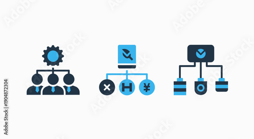Flat icons representing organizational structure, rejected items, and currency exchange symbols for business analysis.