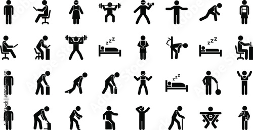 Black silhouette people icons showing daily activities including work exercise sleep fitness routine human behavior pictograms isolated on white background set vector design
