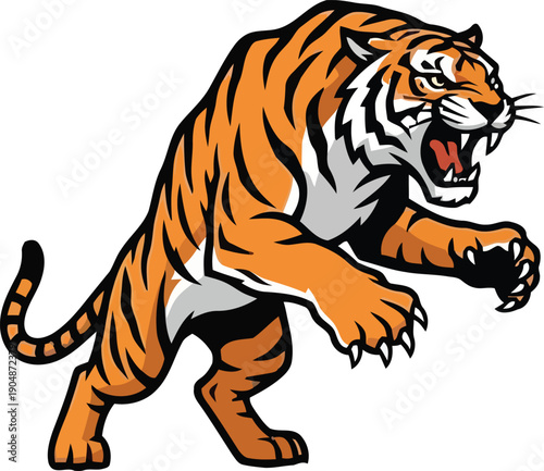 Cartoon tiger roaring with its claws out and ready to attack