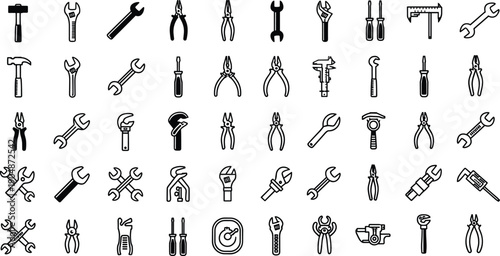 Minimal black line tool icons set featuring wrenches pliers hammers screwdrivers and mechanical equipment symbols isolated on white background for industrial repair design use