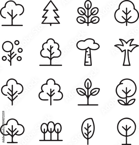 An extensive collection of outline plant and tree icons displaying various styles and botanical forms