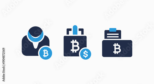 Bitcoin and finance icons: user account, portfolio, and transaction, representing digital currency management and investment