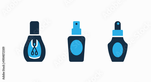 Cosmetic product bottles and dropper icons: perfume bottle, spray bottle, and serum dropper, representing beauty, skincare, and fragrance