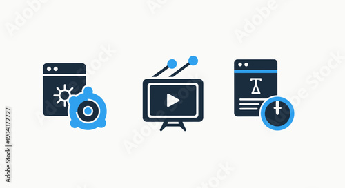 Digital media and content creation icons: web analytics, video player, and content scheduling.
