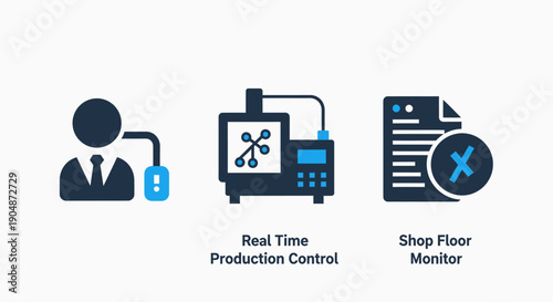 Manufacturing and industry icons: human-machine interface, real-time production control, and shop floor monitoring.