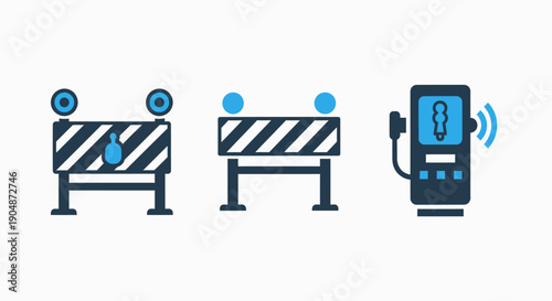 Road safety and traffic management icons: barriers, alert lights, and a traffic control device.