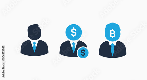 Icons of businessman figures representing finance, investment, and cryptocurrency like Bitcoin, with dollar and bitcoin symbols.