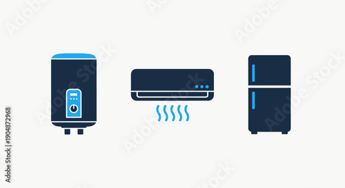Icons of home appliances: a water heater, an air conditioner unit with cool air flow, and a refrigerator, in blue and dark navy.