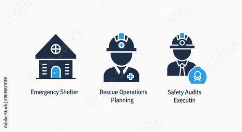 Icons for safety and emergency response: emergency shelter, rescue operations planning, and safety audits, illustrating preparedness and security