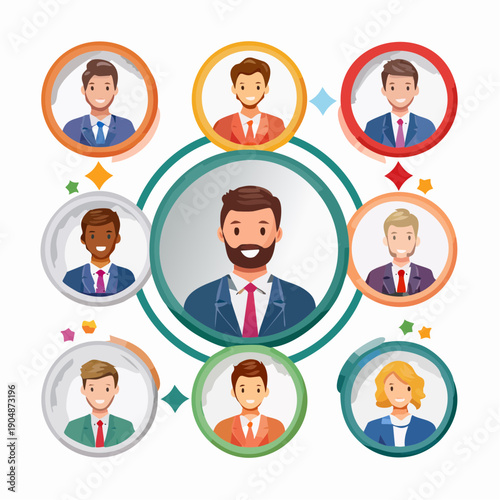 Business team concept with a central leader surrounded by diverse team members in a network diagram