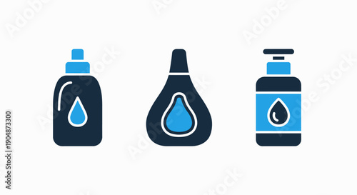 Set of three liquid container icons: bottle, dropper, and dispenser, for serum, lotion, or other fluids