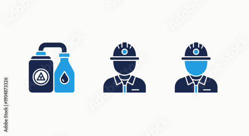 Industrial icons: chemical tank, safety warning, and worker with hard hat, for hazardous material handling and labor