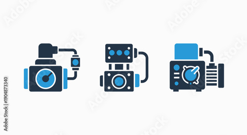 Industrial equipment icons: meter, pump, and generator, representing power, measurement, and machinery