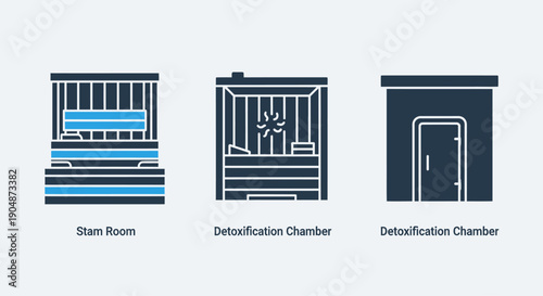 Wellness and spa icons: steam room, detoxification chamber, representing health, cleansing, and relaxation