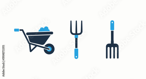 Gardening tools: wheelbarrow, pitchfork, and garden fork icons.