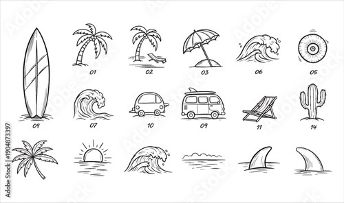Premium Hand-Drawn Beach Adventure Icons - 18 Detailed Sketched Illustrations featuring Surfboards, Travel Vans, Palm Trees, and Ocean Waves for Summer Branding  Apparel Design