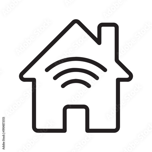 Minimalist black and white line art icon of a house with wireless signal waves, representing smart home technology and connectivity.