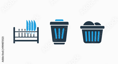Household Chores Icons: Dish Rack, Trash Can, and Laundry Basket