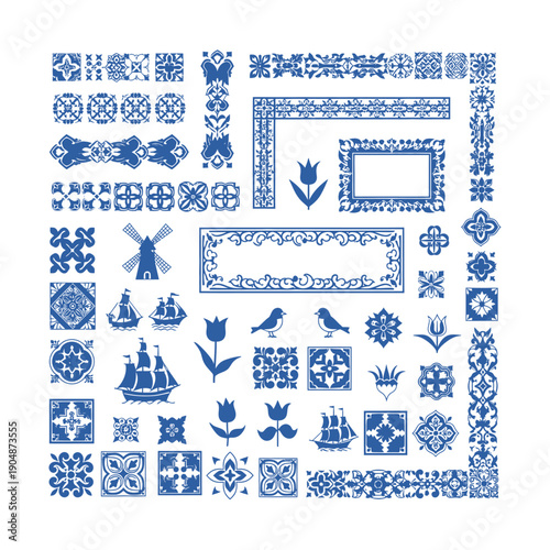 Delft Blue inspired vector elements collection with traditional Dutch motifs and decorative patterns.