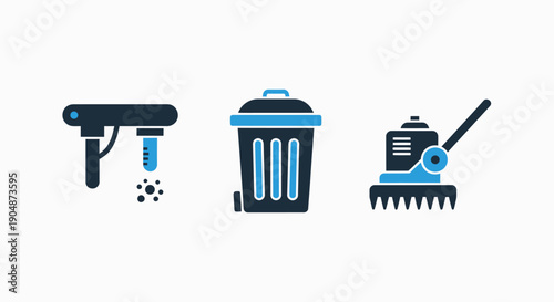 Cleaning and Maintenance Icons: Sprayer, Trash Can, and Rake