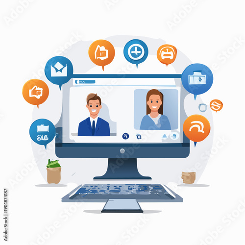 Computer screen displaying a call with two professionals, surrounded by social media and communication