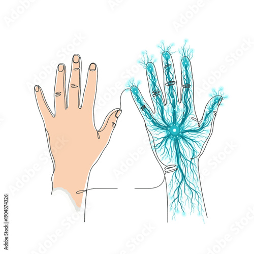 Continuous line drawing of human hand connected to glowing blue energy hand, vector illustration concept of virtual reality, nervous system, and future technology interface isolated on white.