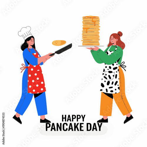 Happy Pancake Day Celebration: Vector Illustration of Two Women Cooking Breakfast, Female Chef Flipping Pancake in Pan and Friend Holding Giant Stack with Syrup, Shrove Tuesday Concept
