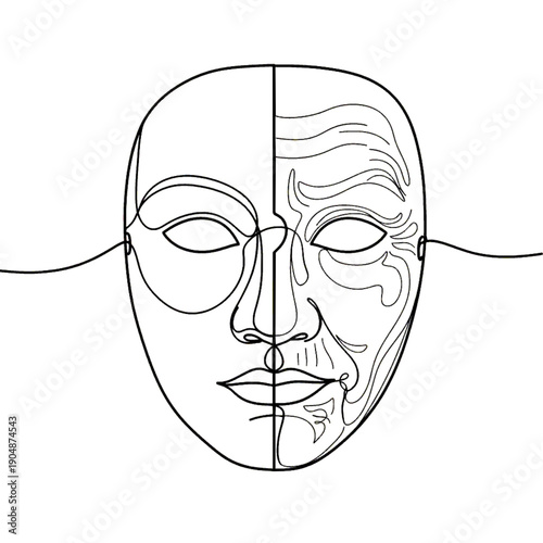 Minimalist One Line Art Human Face Mask Vector Illustration, Continuous Line Drawing of Dual Personality or Abstract Facial Features, Modern Aesthetic Wall Art and Creative Logo Design Element
