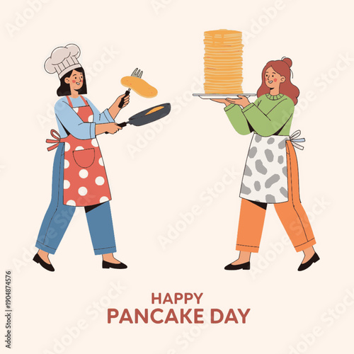 Happy Pancake Day Teamwork: Vector Illustration of Female Chef Flipping Crepe with Fork and Pan, Friend Serving Large Stack, Shrove Tuesday Holiday Concept