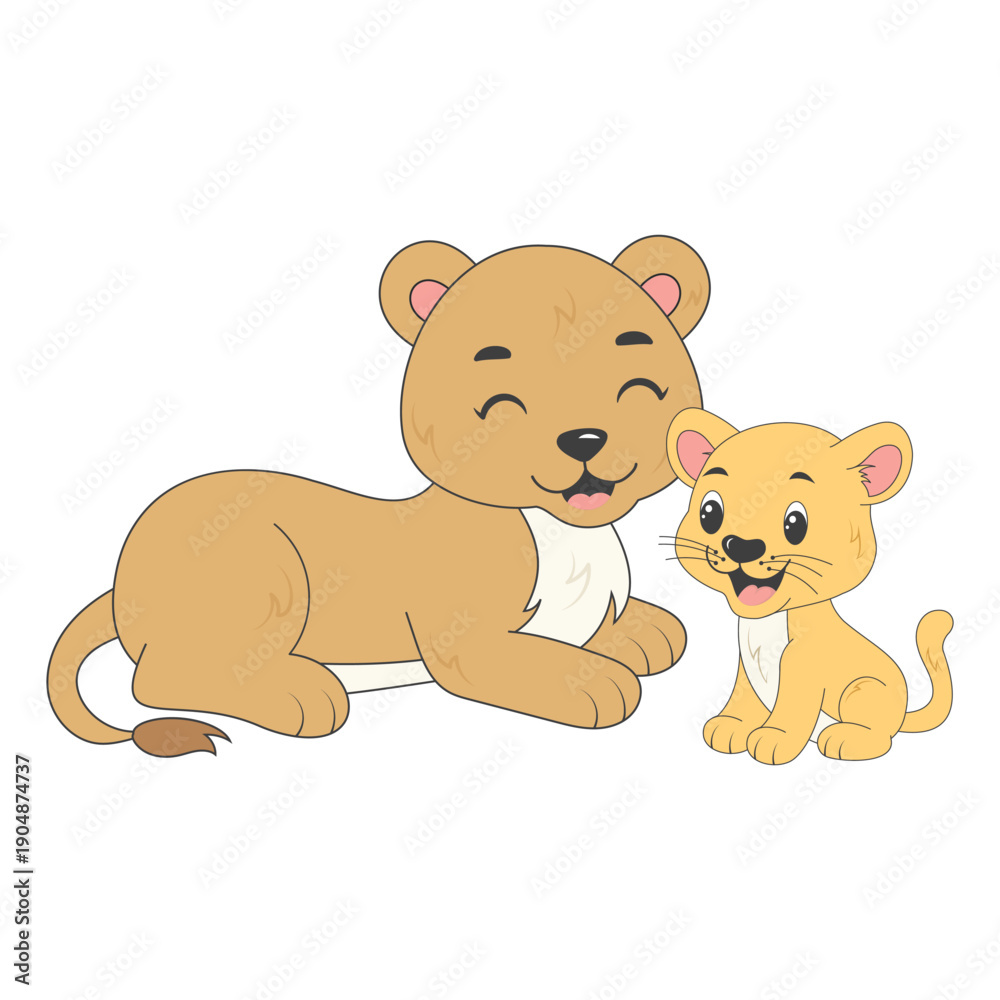 Obraz premium Lion mother with cub cute cartoon