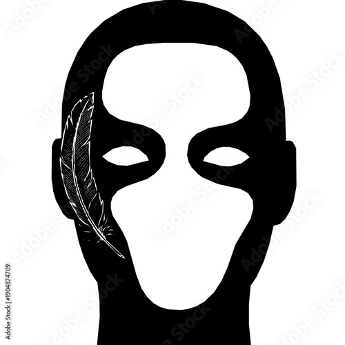 Mysterious Masked Face Silhouette with Detailed Feather Detail, Abstract Human Head Profile in Black and White, Artistic Hero or Villain Concept for Modern Graphic Design and Creative Projects