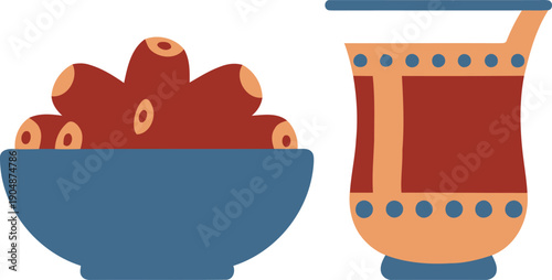 Stylized Illustration of Bowl of Olives and Traditional Jug for Mediterranean Cuisine