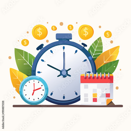 Time and money concept with a large stopwatch a small clock and a calendar surrounded by golden coins and lush green and yellow leaves