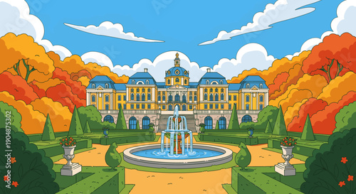 A pixelated depiction of a large estate with a fountain and autumn foliage.